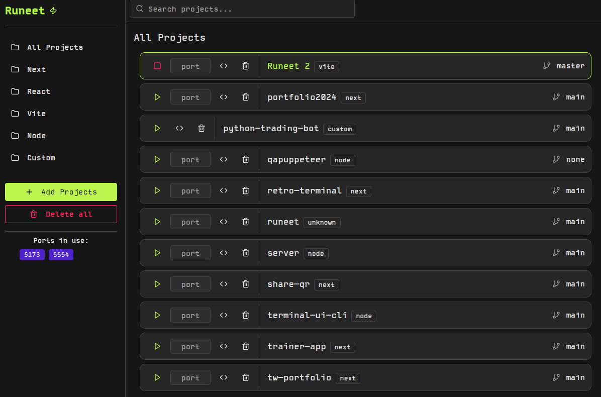 Runeet application interface showing server management dashboard
